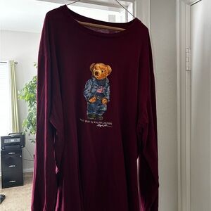 Ralph Lauren Burgundy Long Sleeve Shirt with Bear Graphic